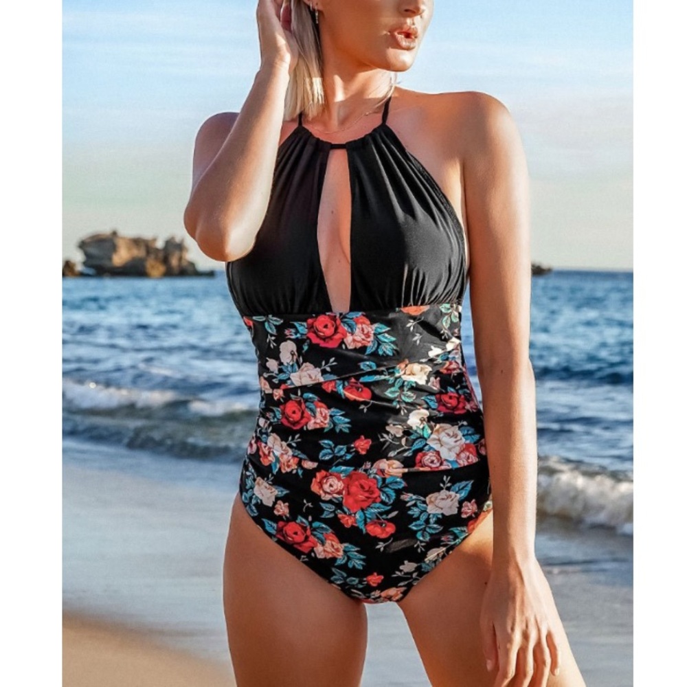 Cupshe Black & Floral Plunging Halter One Piece